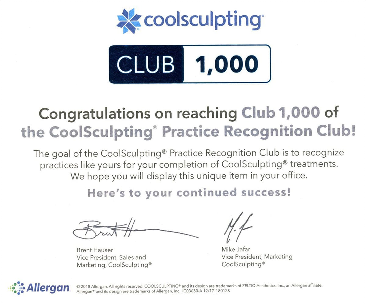 Coolsculpting Club 1000 Recognition.