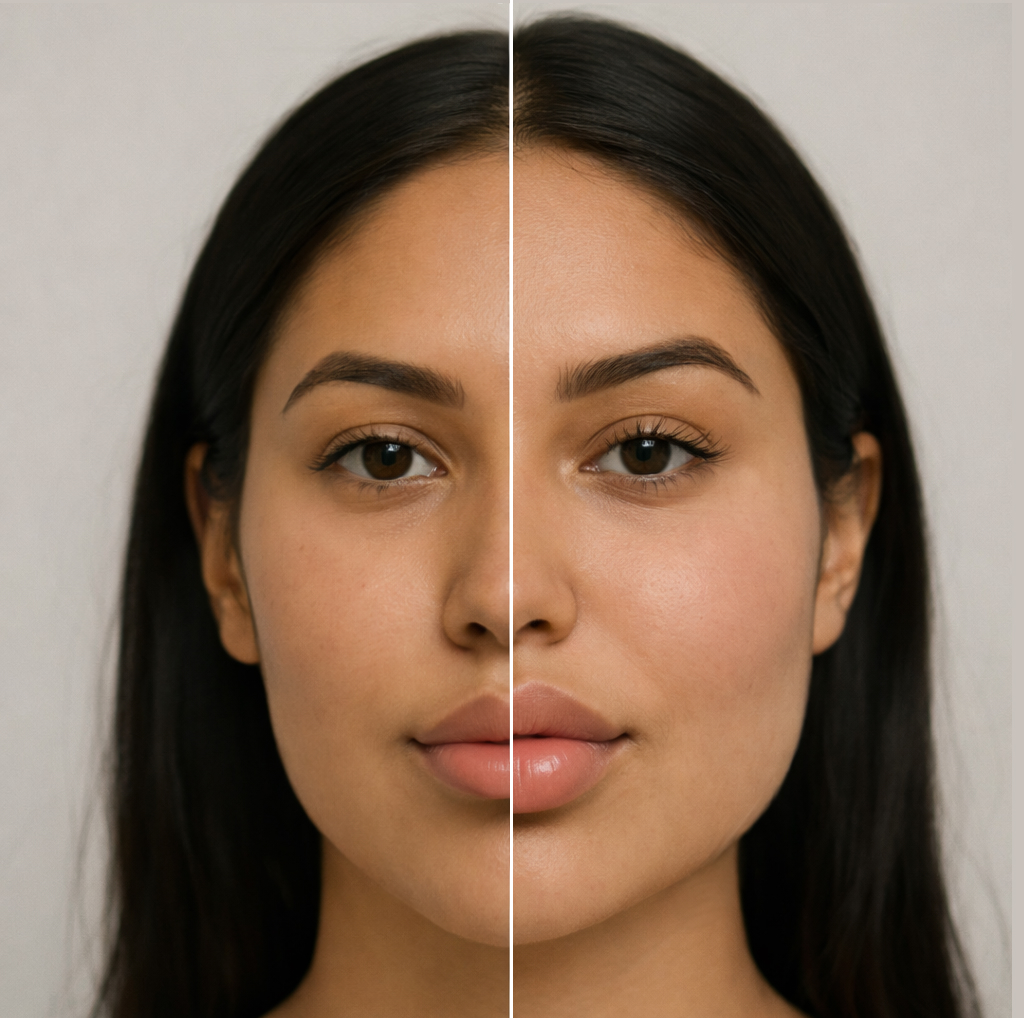 Split-face comparison showing natural versus overfilled facial appearance with rounded cheeks and blurred contours.